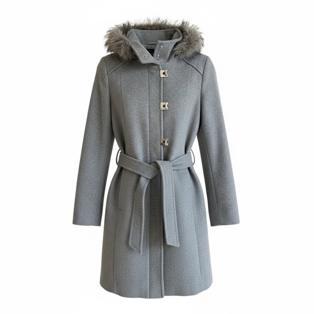 Calvin Klein Heather Gray Wool Blend Belted Coat Faux Fur Hood Clasp Size 8
